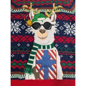 Ugly Christmas Sweater LLAMA with Sunglasses‎ and Pocket - Men's Med